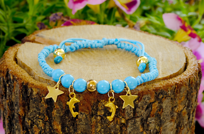 Handmade Blue Macrame Bracelet with Gold-Colored Dolphin and  display picture 2