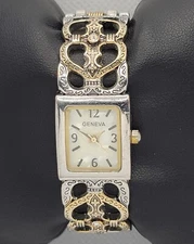 Ladies Geneva Beautiful Silver Gold Two Tone Case Cuff Bracelet Analog Watch M2