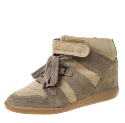 ISABEL MARANT Olive Green Suede Bobby Lace Up Wedge Sneakers Size
