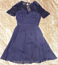 Whistles Clara Purple Pleat Chiffon Lace Short Sleeve Dress UK 8