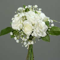 Rosen- Bouquet 25Cm Mit Schleierkraut Weiß Kunstblumen KüNstlicher Strauß Rosen