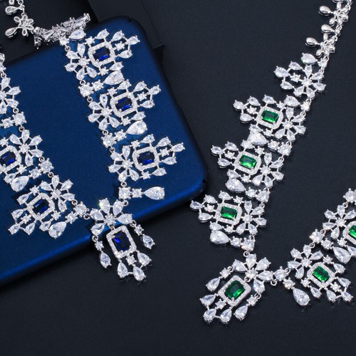 Versilbert Zirkonia Blau Braut Hochzeit Halskette Ohrringe Schmuck Set - Bild 3 von 11