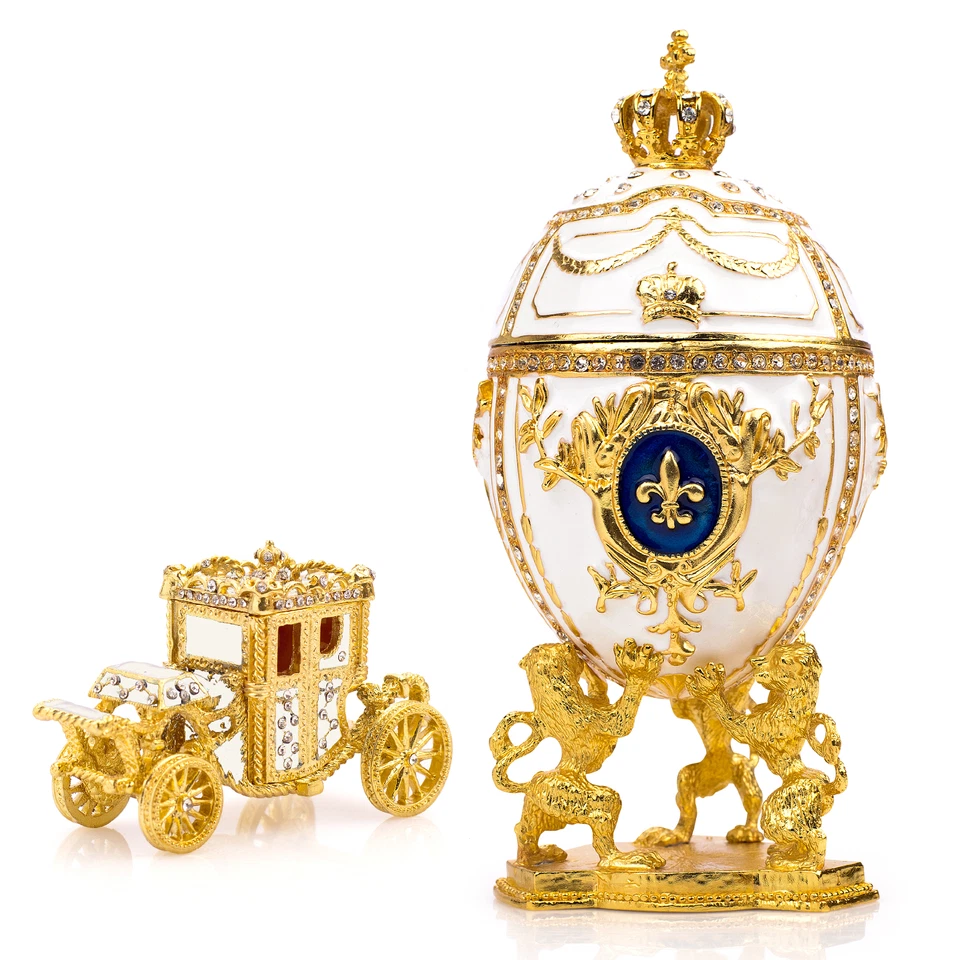VTRY Royal Imperial White Russian Faberge Egg Replica : 6.6 inch + White Carriage