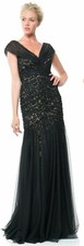 Tadashi Shoji Lace Ruched Tulle Overlay Black Nude Dress Gown