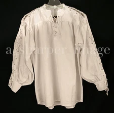 Celtic Laced Neck & Sleeves Shirt Beige Renaissance Pirate Cosplay !00% Cotton