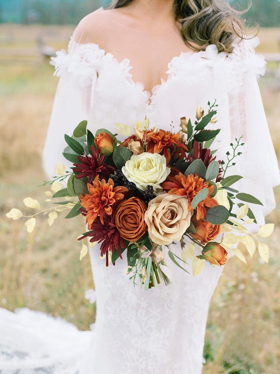 Rinlong 12.5 Inch Fall Wedding Bouquets for Bride Burnt Orange