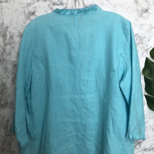 Multiples Open Front Ruffle Trim Linen Jacket Womens Size Large Blue Buttons - Picture 11 of 18