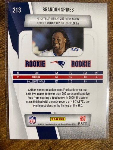 2010 Panini Prestige #213 Brandon Spikes RC New England Patriots - Picture 2 of 2