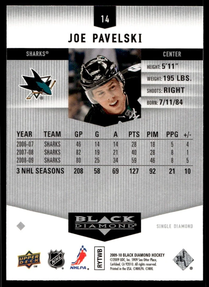 2009-10 Upper Deck Black Diamond Joe Pavelski G17 San Jose Sharks #14 - Image 2 of 2