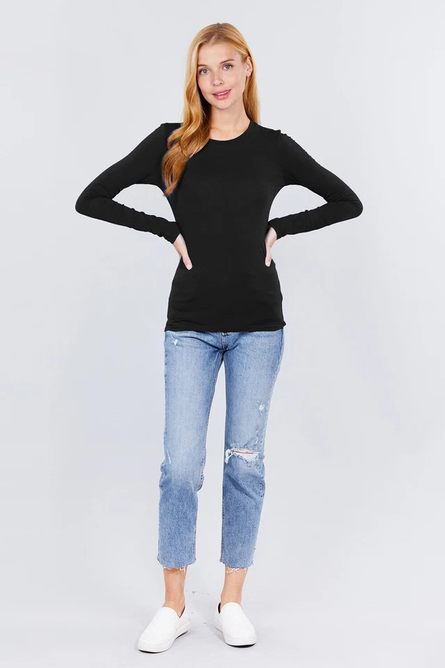 Camiseta para mujer de algodón elástica manga larga lisa ajustada capas ajustadas lisas Foto 3 de 4