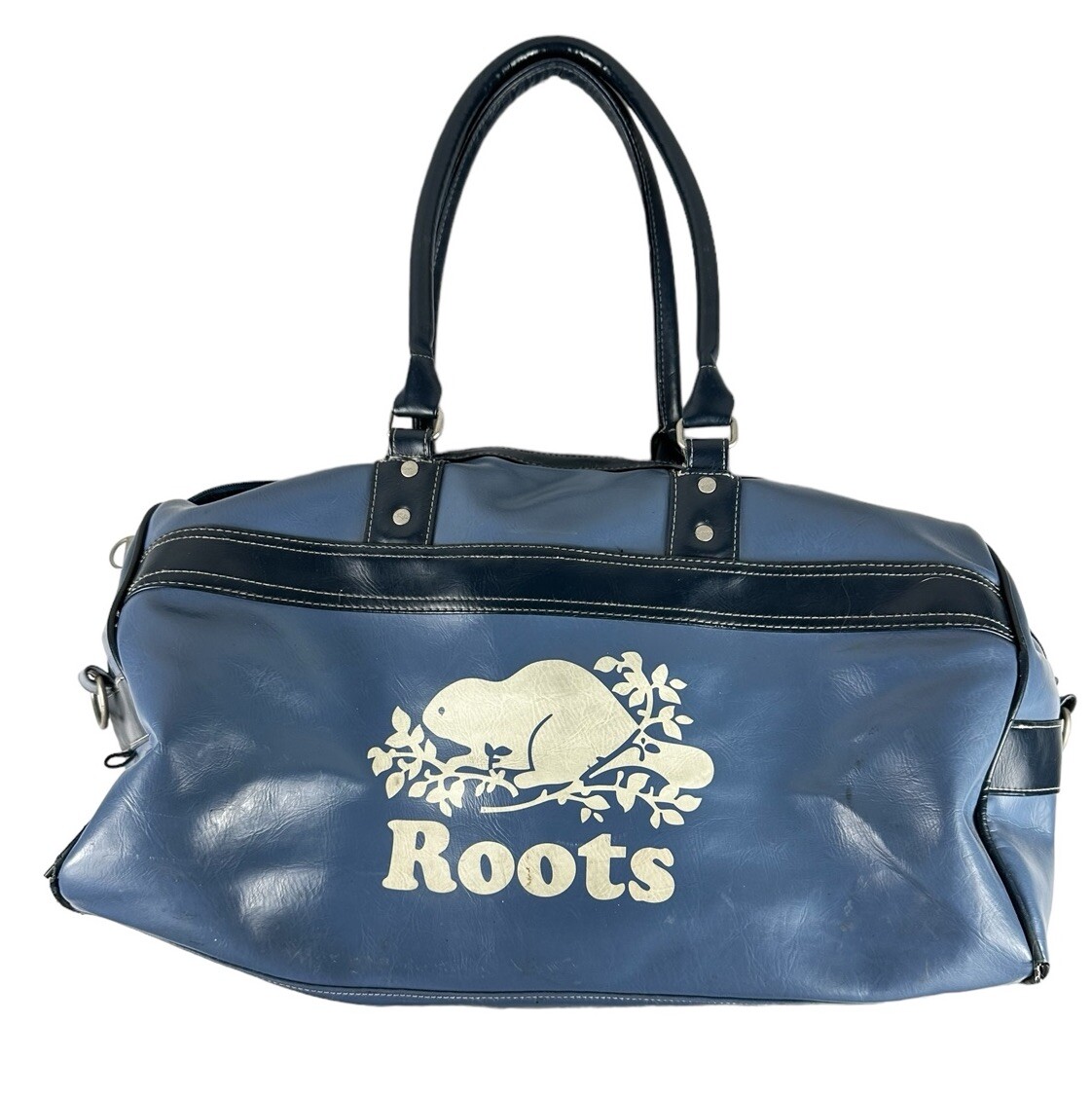 VINTAGE ROOTS CANADA XLARGE LEATHER WEEKENDER DUFFLE BAG BLUE