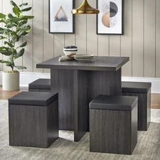 Modern Kitchen 5 Pc Dining Set Table Padded Storage Ottoman Stool Chairs Dark Gr
