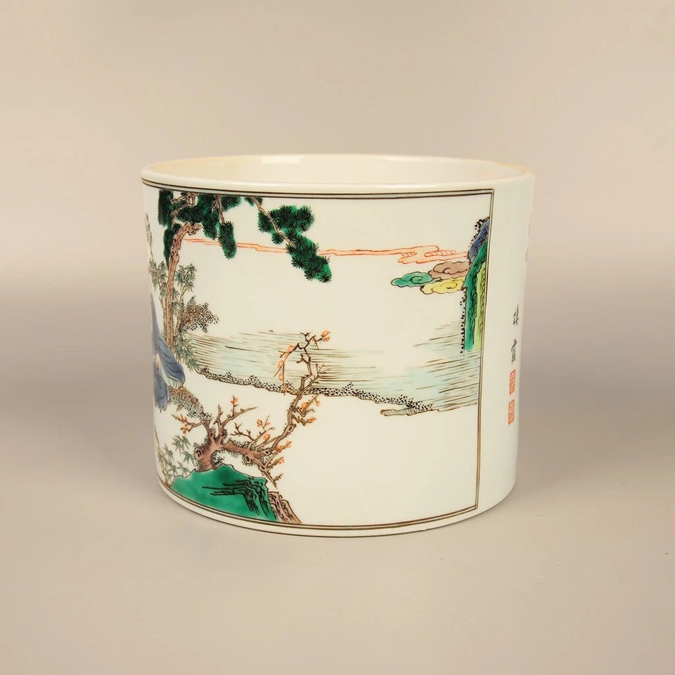 Contenedor de bolígrafo chino Famille Rose wucai figura patrón porcelana cepillo maceta Foto 3 de 4
