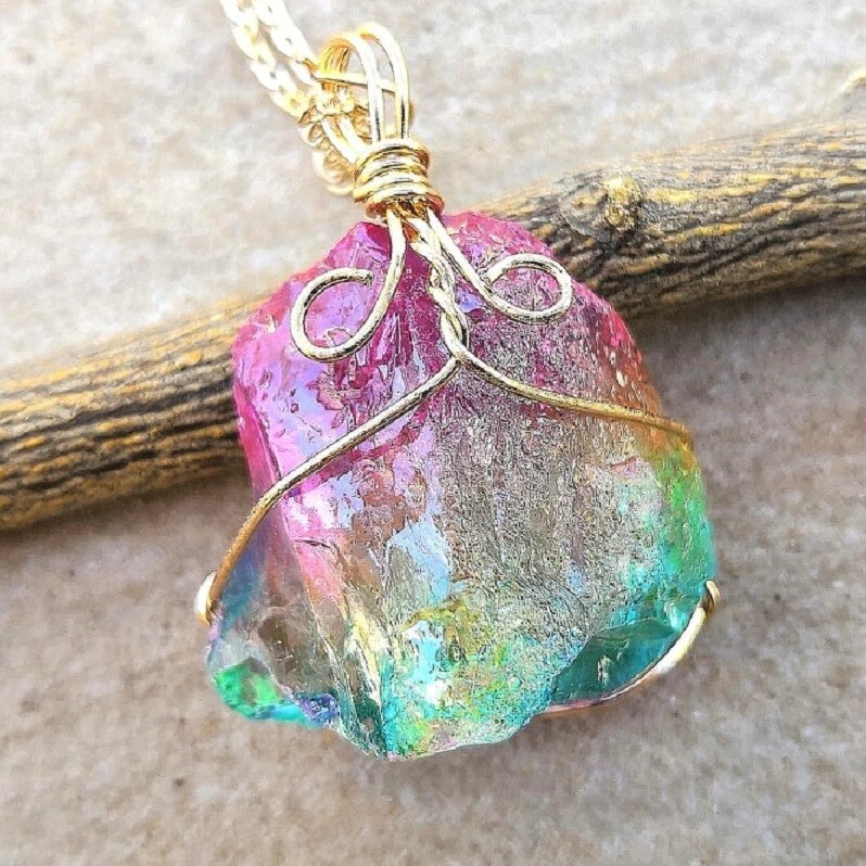 Handmade Rough Rainbow Solar Quartz Crystal Necklace Pendant Chain P17775