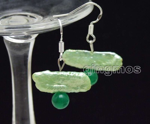 20-25mm Green Natural Biwa Pearl Dangle Earring for Women & 6mm Round Blue Jade - Picture 6 of 20