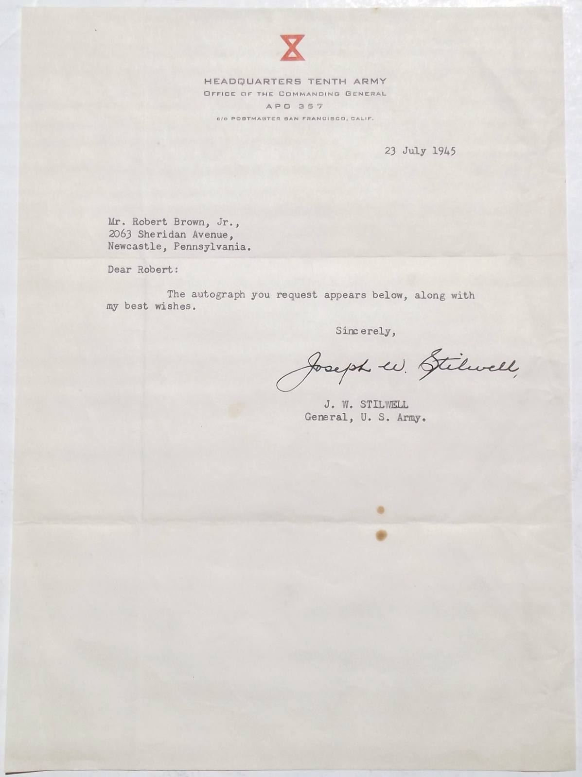 General Joseph 'Vinegar Joe' Stilwell WW2 Commander War Dated Signed