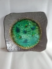 Vintage Art Pottery Platter Plate Teal Gray Purple Green Bowl Free Form Slab