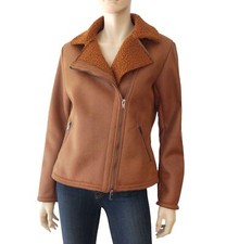 Ams Pure Butterscotch Brown Vegan Shearling Leather Biker Jacket 10 New