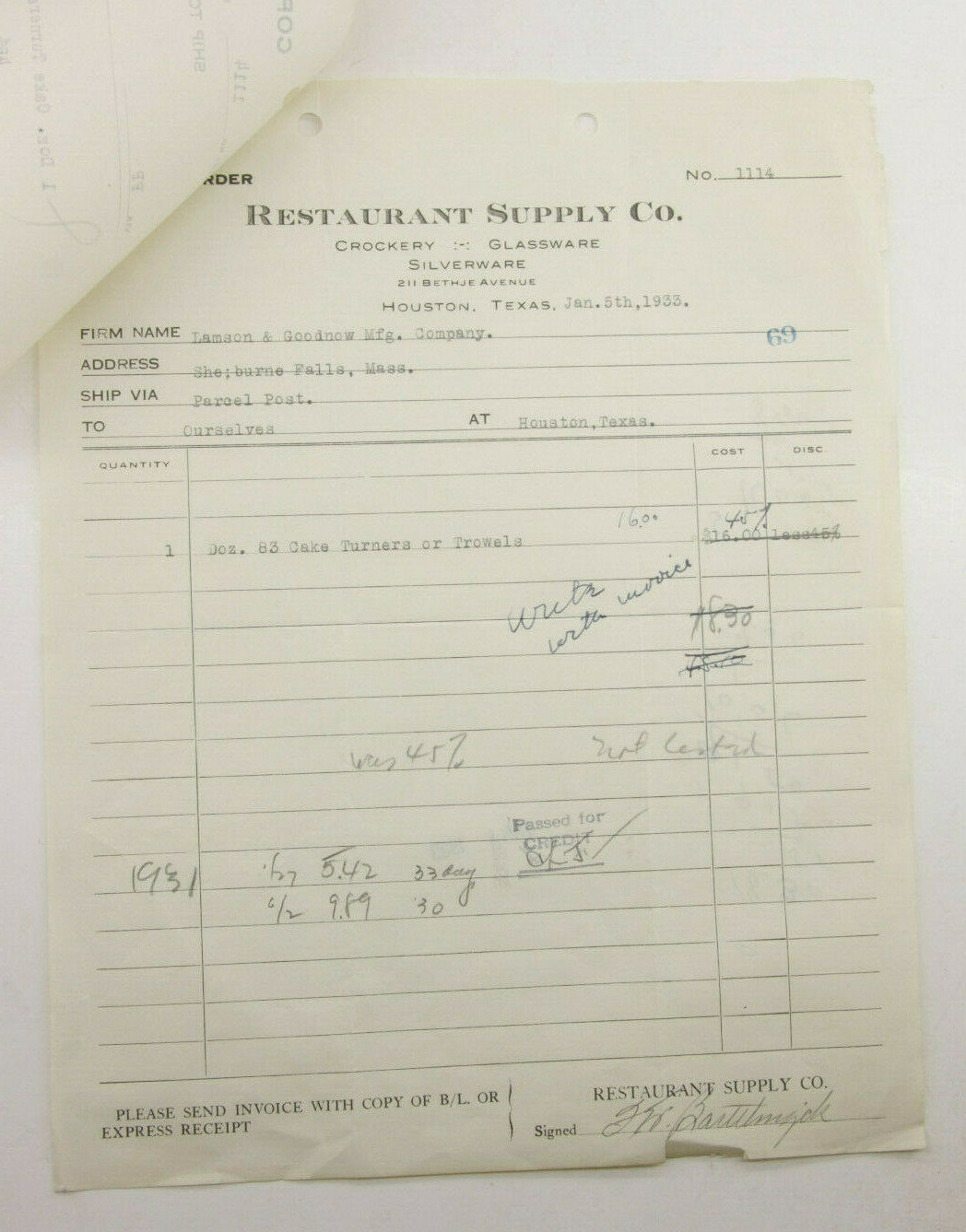 1933 Lamson Goodnow Restaurant Supply Houston TX Purchase Order