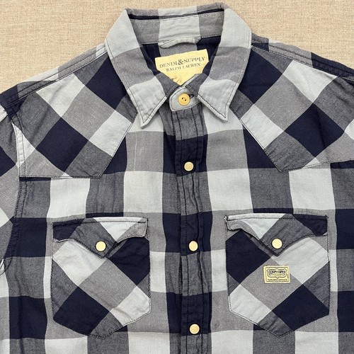 Ralph Lauren Denim Supply Shirt Mens Medium Blue Plaid Pearl Snap Western - Picture 3 of 9