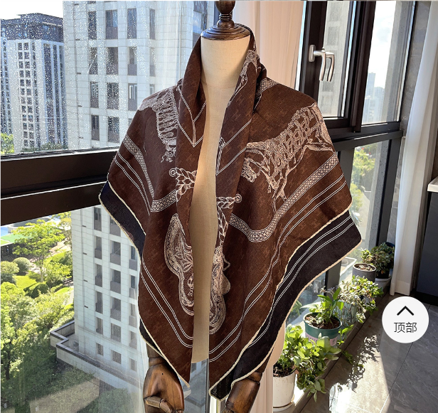 70% cashmere 30% silk brown horse print double-sided square wrap shawl 41 inches