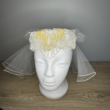 Vintage Wedding Veil Hat White Cream Faux Pearl Lace Double Veil Beaded