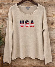 Marled Womens USA Flag Knit Sweater Large Beige Patriotic American Pullover L