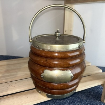 Antike Keksfass englische Eiche und versilbert mit Porzellaneinsatz 16x15c
