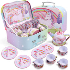 Unicorn Tea Party Set for Little Girls, Pretend Pink Tin Teapot Set, Princess Te