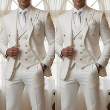 White Men's Suit Wedding Groomman Formal 3Pcs White Bridal Tuxedo Jacket Vest