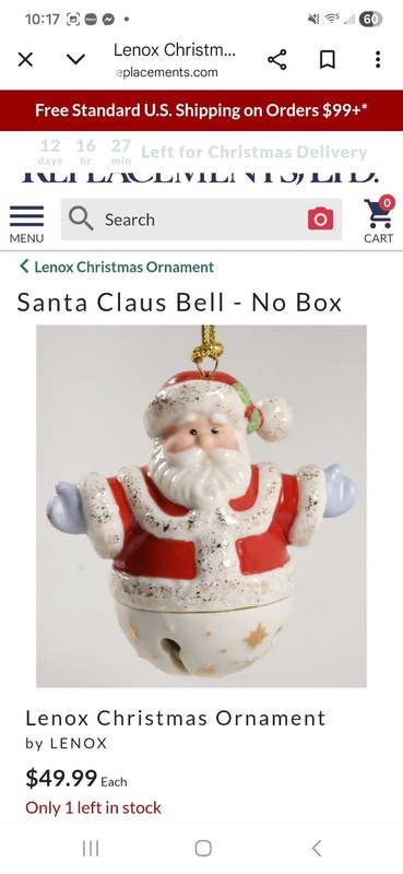 Lenox Mini Sleigh Bell Santa Claus Ornament~,Porcelain~Handpainted~Retired~1999