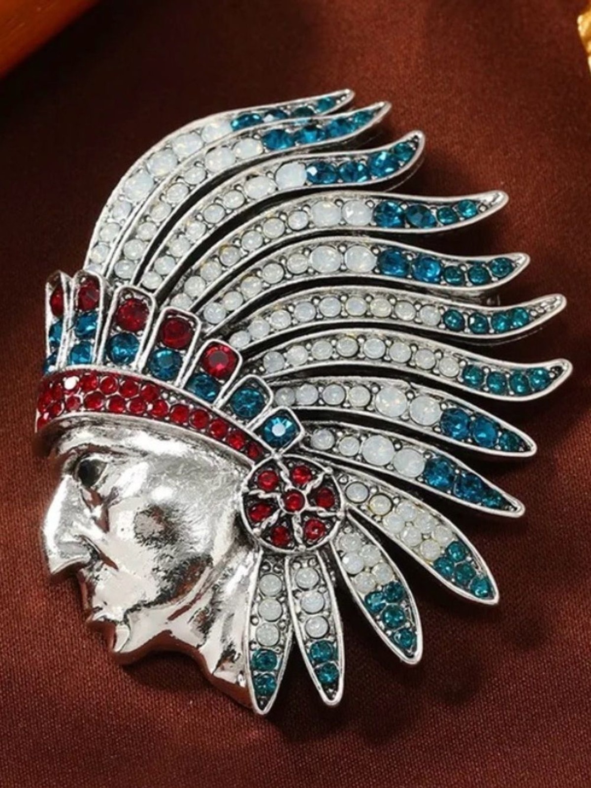 Vintage Style Silver Rhinestone Native Chief Head Brooch Pin
