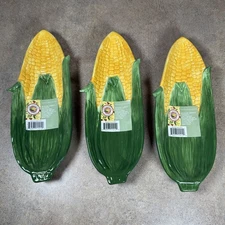 Vintage Set of 3 Individual Corn on the Cob Dishes Holder Ceramic 2003 NOS