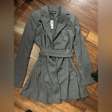 Steve Madden preppy palm odetta dress small gray white pinstripe with belt BNWT