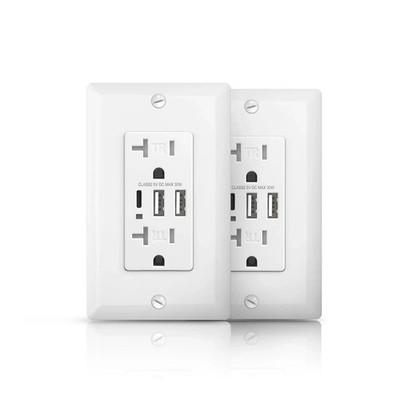 USB Wall Outlet 30W 6 Amp in-Wall Charger with Type A & C USB Ports 20A Tampe...