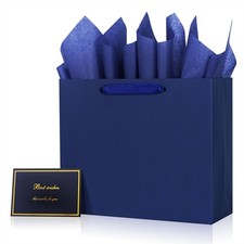 1 Pack Blue Gift Bag, 11.8x4.5x9.8, Ribbon Handles, Card, Tissue, Set, Party