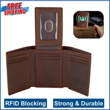 Stealth Mode Trifold Leather Wallet for Men with ID Holder and RFID Blocking (Br