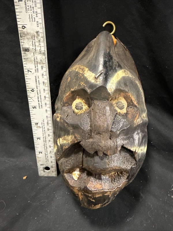 Vintage TIKI BAR DECOR Hand Carved Painted COCONUT Head Face Folk Art SHELL EYES