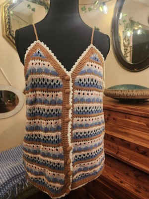 Knit Bohemian Knit Tank Strips Button Up SZ M Stretch