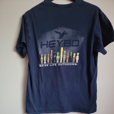 Heybo Outdoors Duck Call Size Medium Blue Short Sleeve Double Sided Shirt