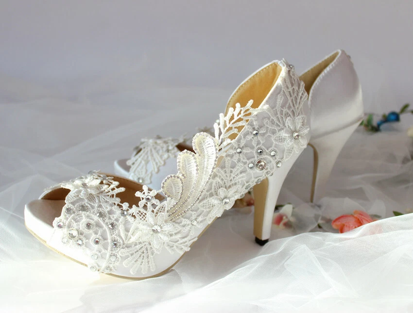 Único BLANCO MARFIL Puntera Abierta Zapatos de Boda Satén Novia Tacones Altos Noche 3" Tacón Foto 4 de 4