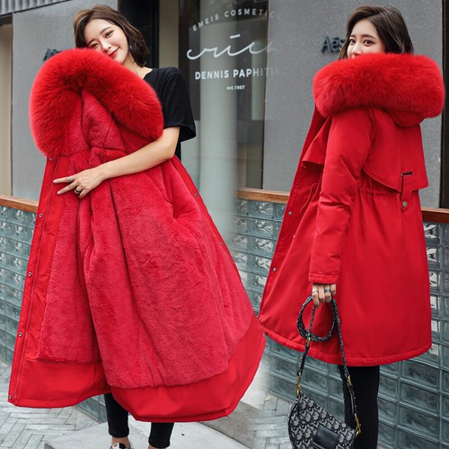 Women Big Fur Collar Coat Winter Warm Outwear Long Parka Hooded Quilted Jacket - Picture 16 of 28