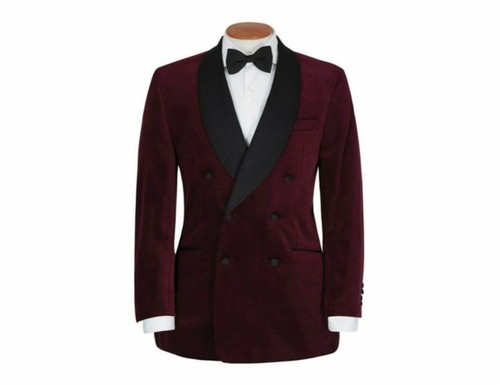 Men Maroon Smoking Jackets Designer Wedding Groom Tuxedo Dinner Velvet Blazer UK - Afbeelding 1 van 2