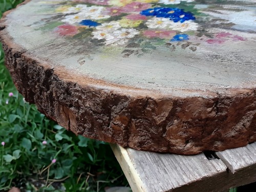 Picture Acryl Paint Wooden Slice Flower Bunch Bark Moss Natural Signed Certifed - Picture 10 of 12