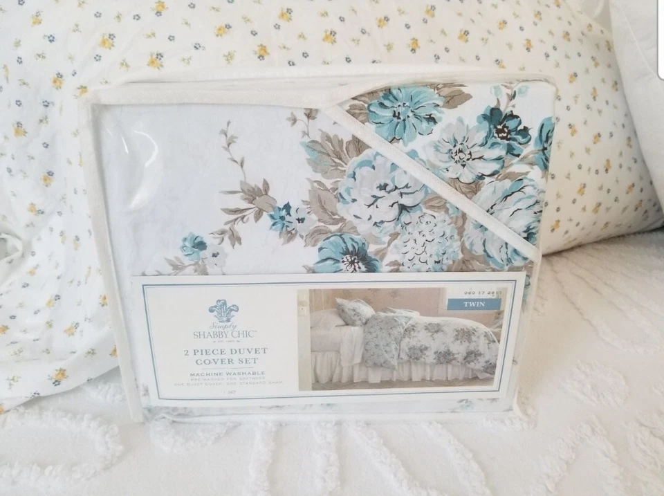 NUEVO CON ETIQUETAS/DIFÍCIL DE ENCONTRAR SIMPLE SHABBY CHIC ~ JUEGO DE EDREDÓN Y FARSA AQUA ROSE 100 % ALGODÓN TALLA DOBLE Foto 2 de 4