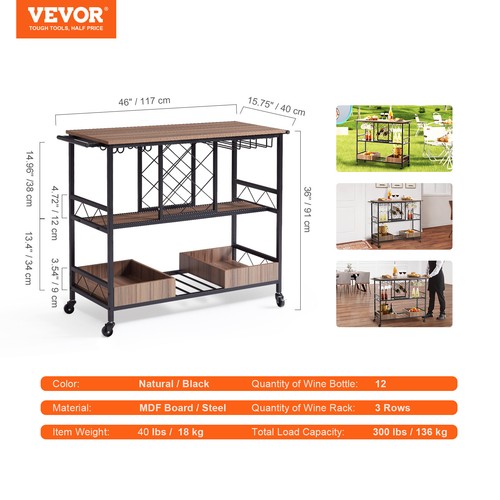 VEVOR 3-Tier Bar Serving Cart Rolling Trolley with Wine Grid Glass Holder 300LBS - Picture 7 of 12