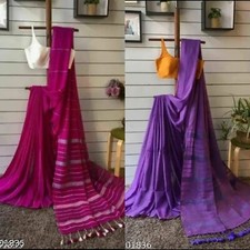 Women'S Khadi Cotton Saree Solid Zari Woven saree with Running Blouse