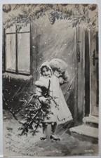 Vecchio Cartolina 1910 Vintage Natale Auguri Giovane Girl IN Neve Con Albero