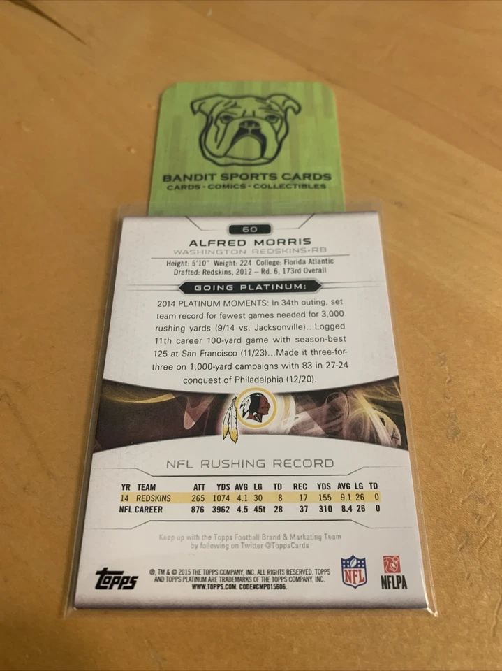 2015 Topps Platinum Gold Washington Redskins Football Card #60 Alfred Morris - Image 2 of 2