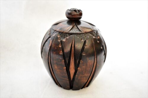 ANTIQUE CARVED COCONUT SHELL~  LIDDED STORAGE CANISTER / TEA CADDY - Foto 1 di 7